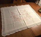 Antique Good Night Embroidered Pillow Layover Cover Redwork   Lace Edge 30 x30 