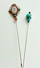 Victorian Style Brass Rose Cameo Hat Pin And Gothic Faux Turquoise Skull Hatpin