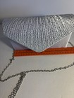 Silver Satin Textured Clutch Bag With Chain Strap Rhinestone Flap