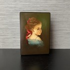 Vintage Russian Hand Painted Lacquer Box  Portrait Of Girl  Fedoskino Miniature