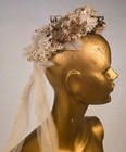 Most Romantic 1880   s White Floral Wedding Bonnet W Shining Gold Lame Florals