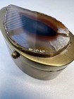 Vintage Brass Agate Hinged Trinket Box Lined In Suede 3   