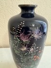 Antique Japanese Meiji Cloisonne Enamel Vase Midnight Blue Floral Chrysanthemum