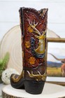 Western Deer Antlers Horseshoe Floral Scroll Cowboy Cowgirl Boot Vase Figurine