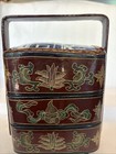 Chinese Lacquer Stacking lunch Box  Blue Willow Porcelain Lid Handpainted  a16
