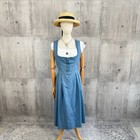 Vintage Blue Floral Long Dirndl Dress Braided Trim Front Zipper Oktoberfest 