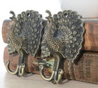 2  Vintage Brass  metal Bronze Peacock Double Hook Wall Mount Bird Coat Hanger
