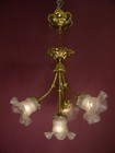 Antique Art Nouveau Light Brass 4 Lamp Chandelier Satined Glass  C  1920   16 
