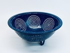 Vintage Enamelware Footed Colander Strainer Blue White Speckled Primitive 9 5   