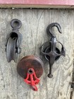 Vintage 3 Block Tackle Pulley Cast Iron Steel Wheel Barn Farm Industrial Decor