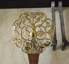 Antique  Arts   Crafts Brass Medallion Hammered Wrought Iron Fireplace Andirons