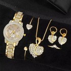 6pcs Rose Gold Luxury Watch Necklace  earring Ring Set For Women Rhinestone Gift