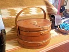 Scarce 1940 s Colonial Americana Wooden Finger Lap Firkin Bucket Sewing Box  