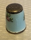 Antique Guilloche Enamel 925 Sterling Silver Thimble Robin Egg Blue Pink Roses