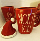 Rae Dunn By Magenta North Pole Red Christmas Set 3 Mug W santa Hat Topper