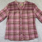 Vintage Shaverlake Womens Shirt Size Small Pink Plaid Smocked Blouse Long Sleeve