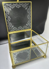 Vintage Glass Trinket Jewelry Box Gold Tone Trim Square Etched Floral Mirrored