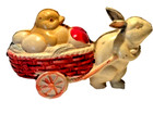 Vintage Easter Celluloid Rabbit Pulling A Chick In Basket Cart W  Eggs Rattle