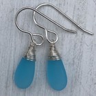 Min Favorit Pacific Blue Sea Glass Teardrop   Silver Pl Artisan Wrap Earrings