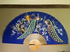 Large Blue Asian Wall Hanging Fan With Pheasants Hand Painted Vtg 68  X-large