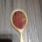 Gold Tone Handheld Vanity Mirror W  Floral Fabric Back  Metal   Glass Vintage 