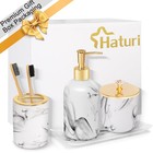 4pc Bathroom Accessories Set Marble Look Soap Dispenser Toothbrush Holder White