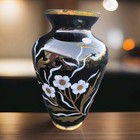 Black Bohemia Crystal Czech Floral Decor Gold Hand-painted Enamel 10  Glass Vase