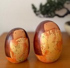 Vintage Japanese Creative Kokeshi Doll Pair Horaku Maple Leaf 9cm 11cm Set