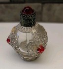 Vintage Czech Art Deco Perfume Bottle - Red Jeweled Silver Filigree - Caged   
