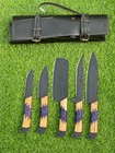 5-piece Kitchen Knife Set Wood   Purple Resin Handle Black Blade With Knife Roll