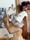 Vukson Signed Handmade Moose Antler   Fur   Stone Inuit Eskimo Eagle Sculpture
