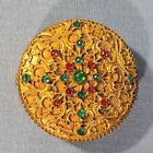 Antique Vintage Jeweled Filigree Ormolu Hinged Trinket Box Powder Compact 