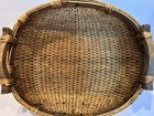 Vtg Mid Century Japanese Bamboo Rattan Serving Basket Tray Carved Wood Handles