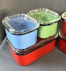 Vtg Enamelware Refrigerator Dishes Glass Lids Beco Ware Set 6 Yellow Green Blue
