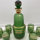 Vintage Mid Century Czech Bohemian Green Gold Liquor Decanter Set W  6 Glasses