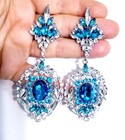Chandelier Rhinestone Crystal Pageant Bridal Earrings Blue Drop Dangle 4 Inch