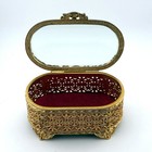 Vintage Mele Gold Filigree Casket Jewelry Box Beveled Glass  Japan