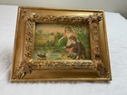 Antique Victorian Ephemera Framed  Adorable Children At Pond With Ducks