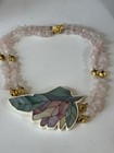 Vintage Lee Sands Rose Quartz Chip Necklace Mop Shell Inlay Leaf Pendant N107