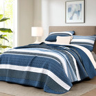 King Size Quilt Set Blue Striped 3 Piece Summer Patchwork Bedspreads Coverlet  B