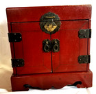 Vtg Chinese Red Cherry Wood Brass Jewelry Box Chest 5 Lined Drawers 2 Doors