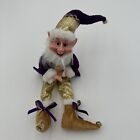 Sugar Plum Christmas Elf Pixie Doll Fur Trim Hanging Posable Bells Purple Gold