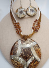 Vtg Lee Sands  Mother Of Pearl Seashell Silver Inlay Pendant Dangle Earrings