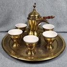 Vintage Brass Arabic Dallah Coffee Set Tray 6 Cups Middle Eastern Turkish Tea