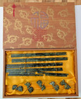 Chinese Carved Green Stone Chopsticks Set 5x Dragon Rests Wooden Box