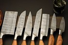 Pro-style 7pc Knife Set  Real Wood Handles  Folded Steel Pattern  Leather Roll