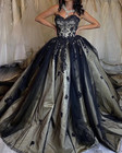 Gothic Black Wedding Dresses Beading Lace Appliques Sweep Train Bridal Gowns