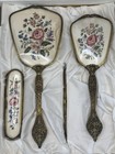 Vintage English Petit Point Vanity Set Mirror Brush Comb 4 Pc Original Box