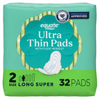 Equate Ultra Thin Feminine Pads Size 2 Long With Wings 32 Count