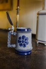 Vintage Blue Floral Ceramic Lidded Beer Stein Mug W  Pewter Lid   German Style